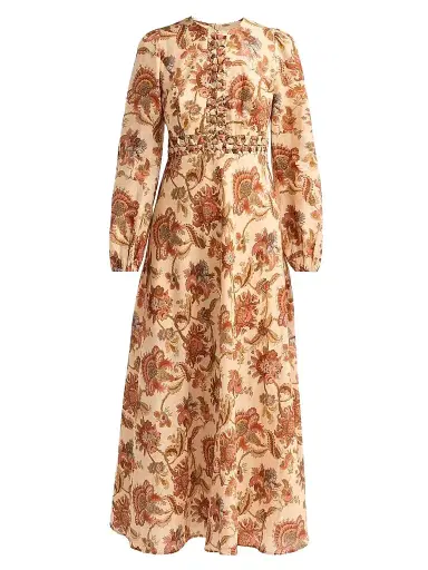 Zimmermann Women's Aster Floral Linen Knot Detail Maxi Dress - Cream Jacobean - Size 8 | Thumbnail 1 Zimmermann Women's Aster Floral Linen Knot Detail Maxi Dress - Cream Jacobean - Size 8 | Thumbnail 1
