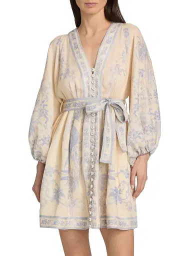 Zimmermann Women's Indra Floral Plunge Linen Minidress - Cream Lilac Floral - Size 10 | Thumbnail 3 Zimmermann Women's Indra Floral Plunge Linen Minidress - Cream Lilac Floral - Size 10 | Thumbnail 3