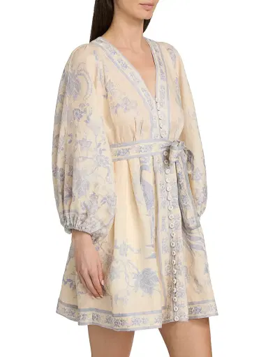 Zimmermann Women's Indra Floral Plunge Linen Minidress - Cream Lilac Floral - Size 10 | Thumbnail 4 Zimmermann Women's Indra Floral Plunge Linen Minidress - Cream Lilac Floral - Size 10 | Thumbnail 4