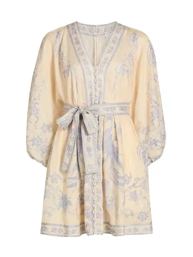 Zimmermann Women's Indra Floral Plunge Linen Minidress - Cream Lilac Floral - Size 10 | Thumbnail 1 Zimmermann Women's Indra Floral Plunge Linen Minidress - Cream Lilac Floral - Size 10 | Thumbnail 1