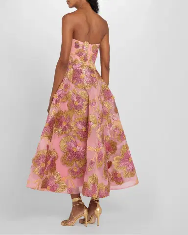 Monique Lhuillier Strapless Metallic Floral Embroidered Tulle Tea-Length Dress | Thumbnail 2 Monique Lhuillier Strapless Metallic Floral Embroidered Tulle Tea-Length Dress | Thumbnail 2