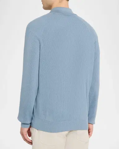 Brunello Cucinelli Men's Cotton English Rib Knit Polo Sweater | Thumbnail 2 Brunello Cucinelli Men's Cotton English Rib Knit Polo Sweater | Thumbnail 2