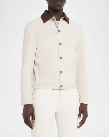 Brunello Cucinelli Men's Garment-Dyed Denim Leather-Collar Shirt Jacket | Thumbnail 3 Brunello Cucinelli Men's Garment-Dyed Denim Leather-Collar Shirt Jacket | Thumbnail 3