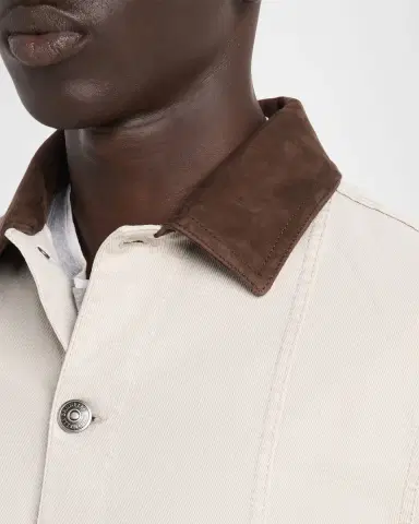 Brunello Cucinelli Men's Garment-Dyed Denim Leather-Collar Shirt Jacket | Thumbnail 4 Brunello Cucinelli Men's Garment-Dyed Denim Leather-Collar Shirt Jacket | Thumbnail 4