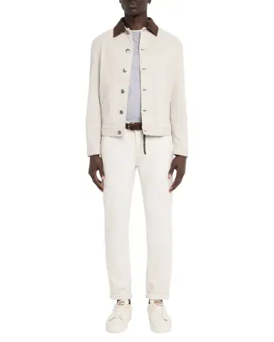 Brunello Cucinelli Men's Garment-Dyed Denim Leather-Collar Shirt Jacket | Thumbnail 1 Brunello Cucinelli Men's Garment-Dyed Denim Leather-Collar Shirt Jacket | Thumbnail 1