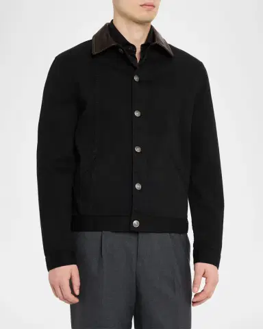 Brunello Cucinelli Men's Garment-Dyed Denim Leather-Collar Shirt Jacket | Thumbnail 3 Brunello Cucinelli Men's Garment-Dyed Denim Leather-Collar Shirt Jacket | Thumbnail 3