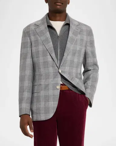 Brunello Cucinelli Men 's Wool, Silk and Linen Plaid Single-Breasted Suit Jacket | Thumbnail 3 Brunello Cucinelli Men 's Wool, Silk and Linen Plaid Single-Breasted Suit Jacket | Thumbnail 3