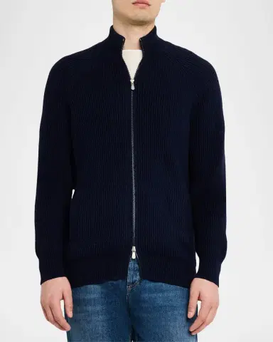 Brunello Cucinelli Men's Cotton Rib Full-Zip Cardigan | Thumbnail 3 Brunello Cucinelli Men's Cotton Rib Full-Zip Cardigan | Thumbnail 3