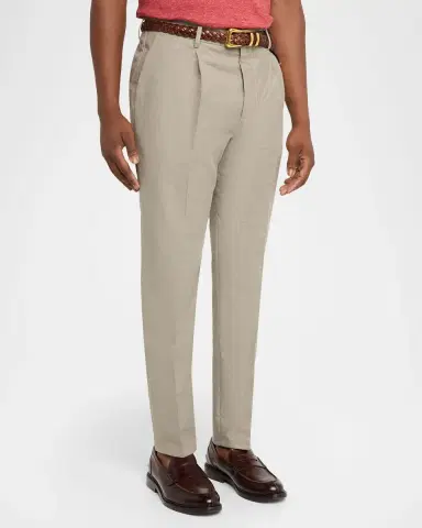 Brunello Cucinelli Men's Cotton and Linen Leisure-Fit Pleated Trousers | Thumbnail 3 Brunello Cucinelli Men's Cotton and Linen Leisure-Fit Pleated Trousers | Thumbnail 3