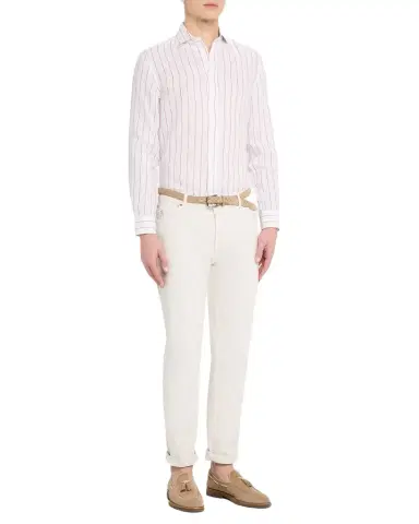 Brunello Cucinelli Men's Linen Pinstripe Spread Collar Button-Down Shirt | Thumbnail 1 Brunello Cucinelli Men's Linen Pinstripe Spread Collar Button-Down Shirt | Thumbnail 1