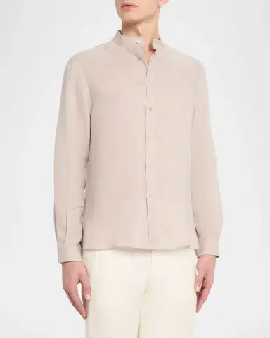 Brunello Cucinelli Men's Linen and Cotton Band Collar Button-Down Shirt | Thumbnail 3 Brunello Cucinelli Men's Linen and Cotton Band Collar Button-Down Shirt | Thumbnail 3