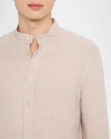 Brunello Cucinelli Men's Linen and Cotton Band Collar Button-Down Shirt | Thumbnail 4 Brunello Cucinelli Men's Linen and Cotton Band Collar Button-Down Shirt | Thumbnail 4