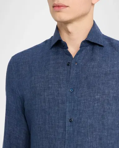Brunello Cucinelli Men's Linen Spread Collar Button-Down Shirt | Thumbnail 4 Brunello Cucinelli Men's Linen Spread Collar Button-Down Shirt | Thumbnail 4