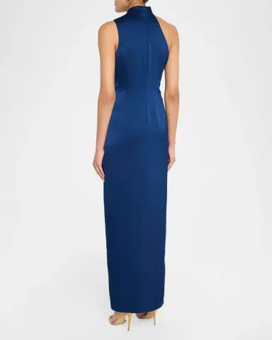 Aidan Mattox Satin Asymmetrical Draped Hardware Halter Gown | Thumbnail 2 Aidan Mattox Satin Asymmetrical Draped Hardware Halter Gown | Thumbnail 2