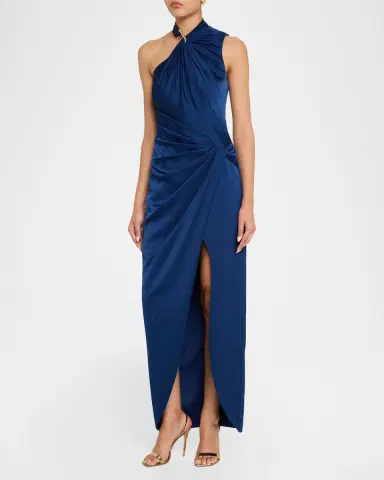 Aidan Mattox Satin Asymmetrical Draped Hardware Halter Gown | Thumbnail 3 Aidan Mattox Satin Asymmetrical Draped Hardware Halter Gown | Thumbnail 3