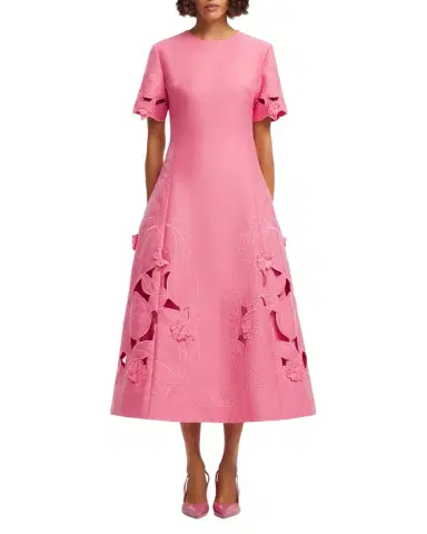 LEO LIN Caroline Floral Embroidered Short-Sleeve Midi Dress | Thumbnail 1 LEO LIN Caroline Floral Embroidered Short-Sleeve Midi Dress | Thumbnail 1