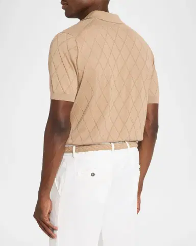 Brunello Cucinelli Men's Cotton Textured Argyle Cotton Knit Polo Shirt | Thumbnail 2 Brunello Cucinelli Men's Cotton Textured Argyle Cotton Knit Polo Shirt | Thumbnail 2