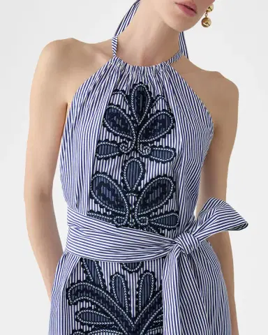 Carolina Herrera Embroidered Striped Cotton Halter Midi Dress | Thumbnail 3 Carolina Herrera Embroidered Striped Cotton Halter Midi Dress | Thumbnail 3