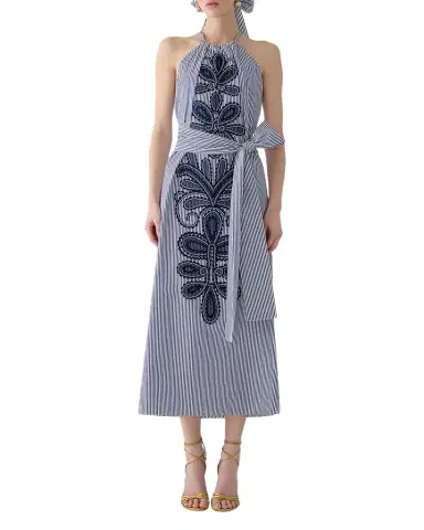 Carolina Herrera Embroidered Striped Cotton Halter Midi Dress | Thumbnail 1 Carolina Herrera Embroidered Striped Cotton Halter Midi Dress | Thumbnail 1
