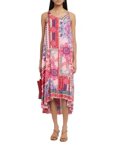 Johnny Was Dornaz High-Low Patchwork Silk Midi Dress | Thumbnail 1 Johnny Was Dornaz High-Low Patchwork Silk Midi Dress | Thumbnail 1