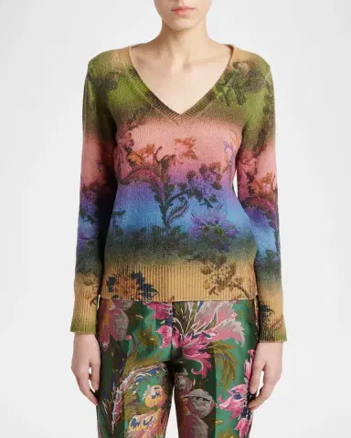 Etro Degrade Floral-Print Wool V-Neck Sweater | Thumbnail 3 Etro Degrade Floral-Print Wool V-Neck Sweater | Thumbnail 3