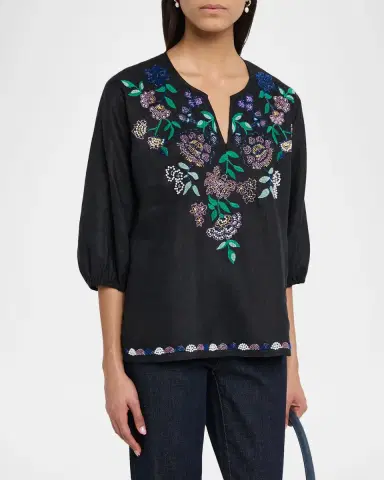 Johnny Was Beaded Floral Split-Neck Linen Blouse | Thumbnail 3 Johnny Was Beaded Floral Split-Neck Linen Blouse | Thumbnail 3