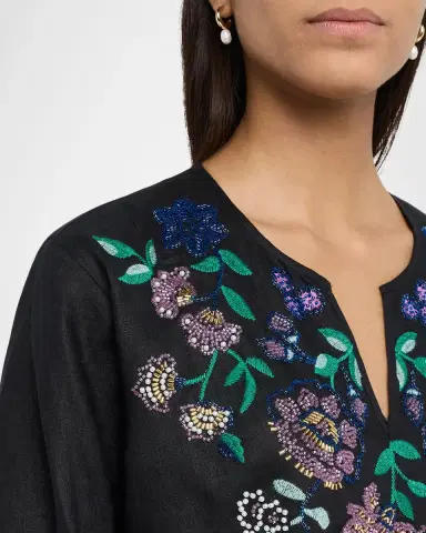 Johnny Was Beaded Floral Split-Neck Linen Blouse | Thumbnail 4 Johnny Was Beaded Floral Split-Neck Linen Blouse | Thumbnail 4