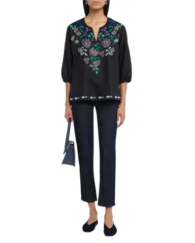 Johnny Was Beaded Floral Split-Neck Linen Blouse | Thumbnail 1 Johnny Was Beaded Floral Split-Neck Linen Blouse | Thumbnail 1