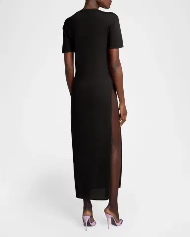 Saint Laurent Short-Sleeve Wool Side-Slits Midi Dress | Thumbnail 2 Saint Laurent Short-Sleeve Wool Side-Slits Midi Dress | Thumbnail 2