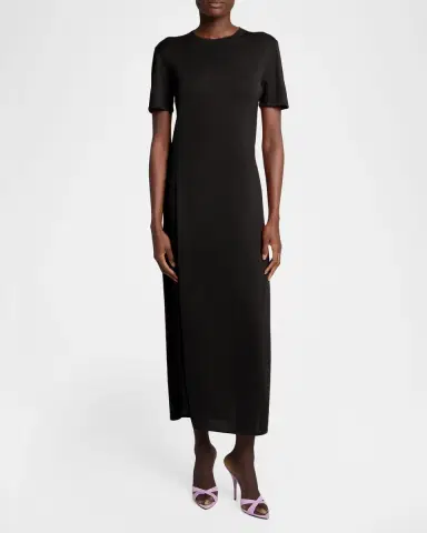 Saint Laurent Short-Sleeve Wool Side-Slits Midi Dress | Thumbnail 3 Saint Laurent Short-Sleeve Wool Side-Slits Midi Dress | Thumbnail 3
