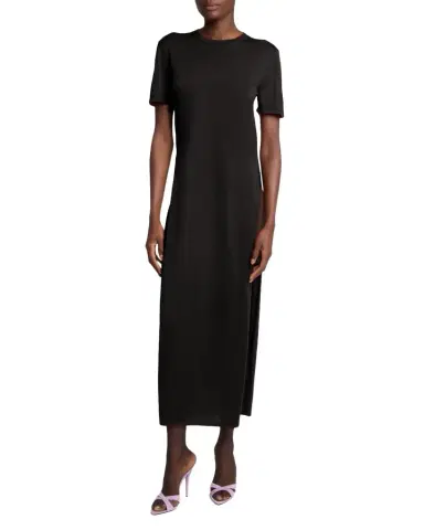 Saint Laurent Short-Sleeve Wool Side-Slits Midi Dress | Thumbnail 1 Saint Laurent Short-Sleeve Wool Side-Slits Midi Dress | Thumbnail 1