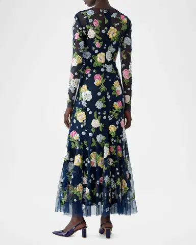Carolina Herrera Floral Embroidered Tulle Long-Sleeve Midi Dress | Thumbnail 2 Carolina Herrera Floral Embroidered Tulle Long-Sleeve Midi Dress | Thumbnail 2