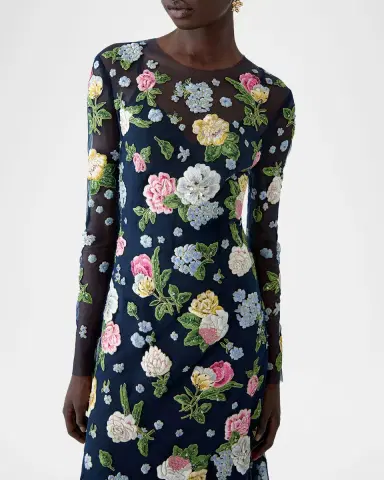 Carolina Herrera Floral Embroidered Tulle Long-Sleeve Midi Dress | Thumbnail 3 Carolina Herrera Floral Embroidered Tulle Long-Sleeve Midi Dress | Thumbnail 3