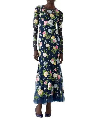 Carolina Herrera Floral Embroidered Tulle Long-Sleeve Midi Dress | Thumbnail 1 Carolina Herrera Floral Embroidered Tulle Long-Sleeve Midi Dress | Thumbnail 1