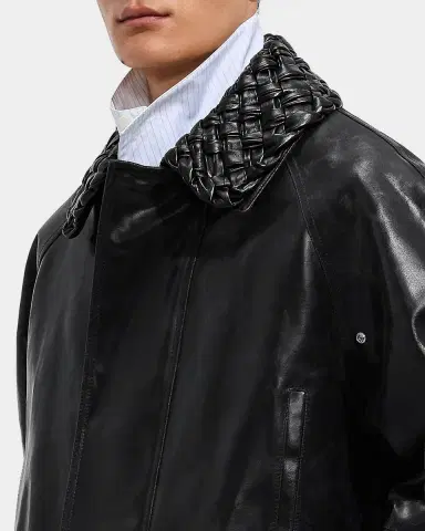 Bottega Veneta Men's Intrecciato-Collar Leather Jacket | Thumbnail 4 Bottega Veneta Men's Intrecciato-Collar Leather Jacket | Thumbnail 4