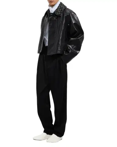 Bottega Veneta Men's Intrecciato-Collar Leather Jacket | Thumbnail 1 Bottega Veneta Men's Intrecciato-Collar Leather Jacket | Thumbnail 1