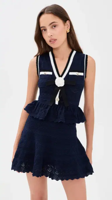 Self-Portrait Navy Peplum Pointelle Knit Mini Dress Navy | Thumbnail 2 Self-Portrait Navy Peplum Pointelle Knit Mini Dress Navy | Thumbnail 2