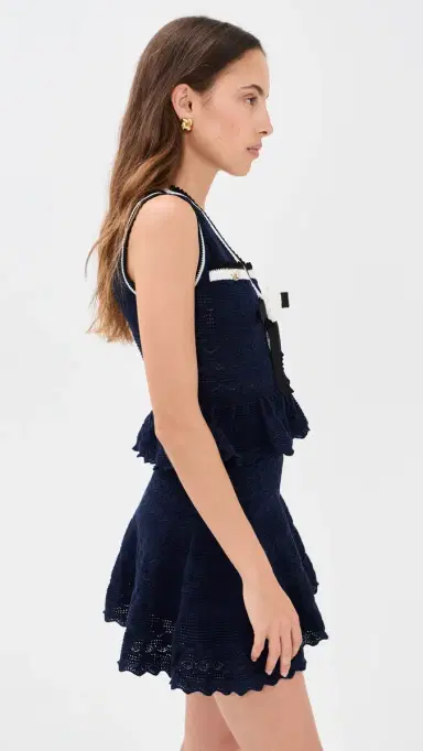 Self-Portrait Navy Peplum Pointelle Knit Mini Dress Navy | Thumbnail 4 Self-Portrait Navy Peplum Pointelle Knit Mini Dress Navy | Thumbnail 4