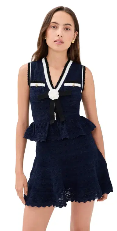 Self-Portrait Navy Peplum Pointelle Knit Mini Dress Navy | Thumbnail 1 Self-Portrait Navy Peplum Pointelle Knit Mini Dress Navy | Thumbnail 1