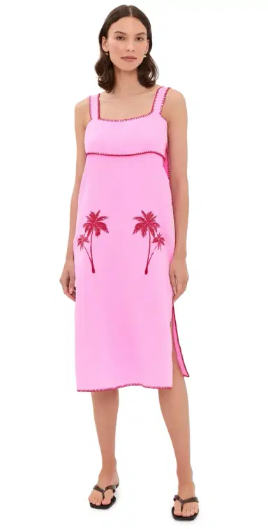 English Factory Tropical Embroidered Midi Dress Pink/Red | Thumbnail 1 English Factory Tropical Embroidered Midi Dress Pink/Red | Thumbnail 1