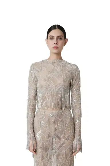 LAPOINTE Geometric Crystal Fringe Cropped Top | Thumbnail 1 LAPOINTE Geometric Crystal Fringe Cropped Top | Thumbnail 1