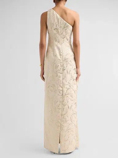 Teri Jon by Rickie Freeman Women's Metallic Jacquard One-Shoulder Draped Asymmetric Peplum Gown - Champagne Multi - Size 18 | Thumbnail 3 Teri Jon by Rickie Freeman Women's Metallic Jacquard One-Shoulder Draped Asymmetric Peplum Gown - Champagne Multi - Size 18 | Thumbnail 3