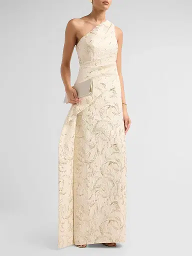 Teri Jon by Rickie Freeman Women's Metallic Jacquard One-Shoulder Draped Asymmetric Peplum Gown - Champagne Multi - Size 18 | Thumbnail 4 Teri Jon by Rickie Freeman Women's Metallic Jacquard One-Shoulder Draped Asymmetric Peplum Gown - Champagne Multi - Size 18 | Thumbnail 4