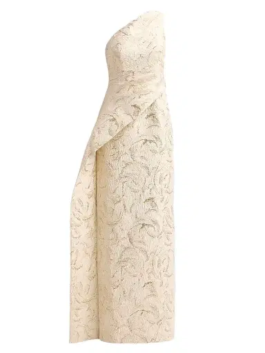 Teri Jon by Rickie Freeman Women's Metallic Jacquard One-Shoulder Draped Asymmetric Peplum Gown - Champagne Multi - Size 18 | Thumbnail 1 Teri Jon by Rickie Freeman Women's Metallic Jacquard One-Shoulder Draped Asymmetric Peplum Gown - Champagne Multi - Size 18 | Thumbnail 1