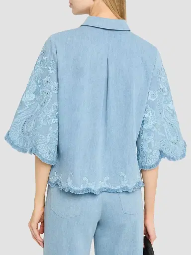 Kobi Halperin Women's Hadley Washed Denim Fringe Blouse Indigo | Thumbnail 3 Kobi Halperin Women's Hadley Washed Denim Fringe Blouse Indigo | Thumbnail 3