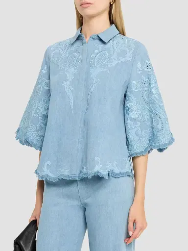 Kobi Halperin Women's Hadley Washed Denim Fringe Blouse Indigo | Thumbnail 4 Kobi Halperin Women's Hadley Washed Denim Fringe Blouse Indigo | Thumbnail 4
