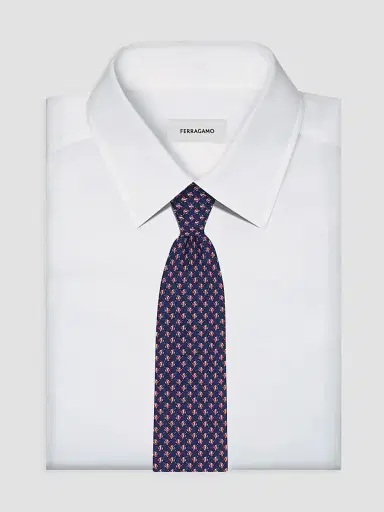 Ferragamo Men's Fish Gancini Silk Tie - Blue Scuro Rosso | Thumbnail 2 Ferragamo Men's Fish Gancini Silk Tie - Blue Scuro Rosso | Thumbnail 2