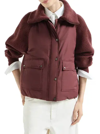 Brunello Cucinelli Women's Techno Cotton Taffeta and Virgin Wool, Cashmere and Silk Knit Down Jacket with Shiny Zipper Pull | Thumbnail 2 Brunello Cucinelli Women's Techno Cotton Taffeta and Virgin Wool, Cashmere and Silk Knit Down Jacket with Shiny Zipper Pull | Thumbnail 2
