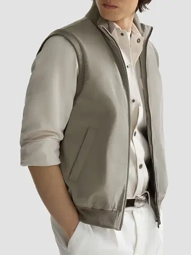 Brunello Cucinelli Men's Bonded Nylon Vest with Thermore Padding - Military | Thumbnail 4 Brunello Cucinelli Men's Bonded Nylon Vest with Thermore Padding - Military | Thumbnail 4