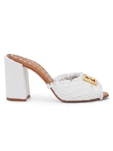 Dolce & Gabbana Women's Carretto 85MM Woven Fringed Logo Sandals - Bianco Sabbia | Thumbnail 1 Dolce & Gabbana Women's Carretto 85MM Woven Fringed Logo Sandals - Bianco Sabbia | Thumbnail 1
